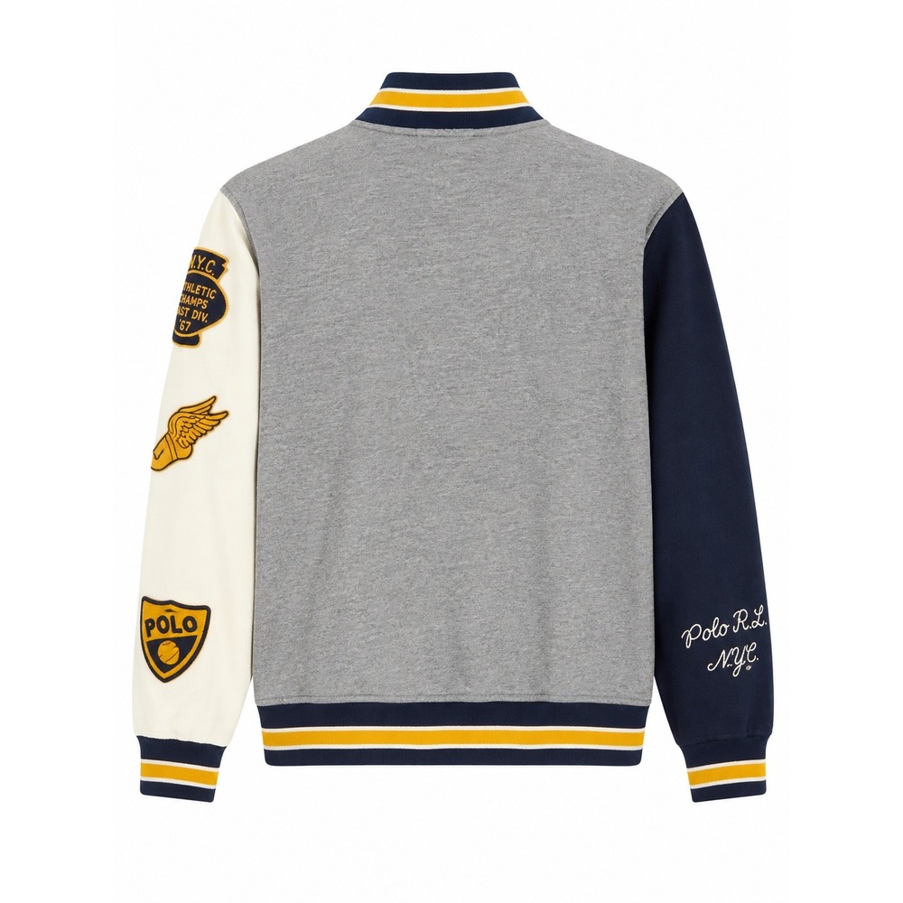 Polo Ralph Lauren Mens M Fleece Varsity Jacket Navy Grey P67 Patch Letterman RL - Picture 2 of 10